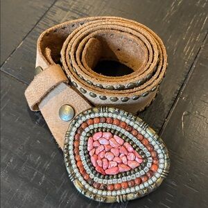 Leatherock Women's Brown Supple Leather Studs Stone Encrusted Buckle XL 38 Boho